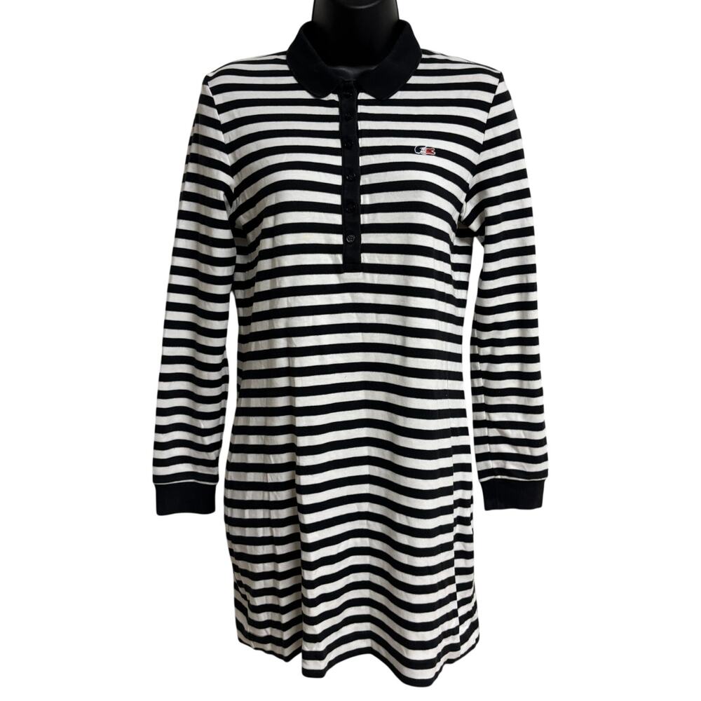 Lacoste Women Polo Pullover Dress Size 36 Blue White Stripe Long Sleeve VGUC - Picture 1 of 12
